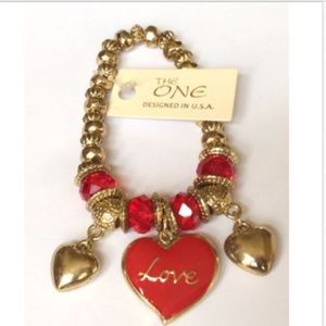Gold Heart Charm Bracelet Red Enamel LOVE Chunky